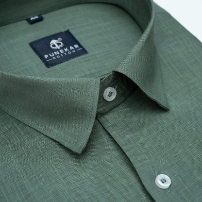 Sage Green Color 80s Lino Lyocell Shirt For Men - Punekar Cotton