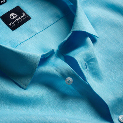 Sky Blue Color 80s Lino Lyocell Shirt For Men - Punekar Cotton