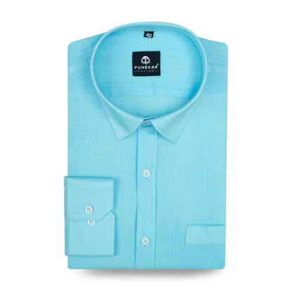 Sky Blue Color 80s Lino Lyocell Shirt For Men - Punekar Cotton