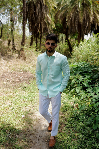 Sky Blue Color Prime Linen Shirt For Men - Punekar Cotton