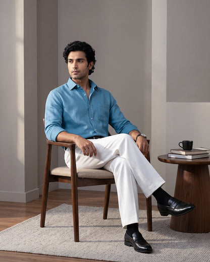 Slate Blue Color 80s Lino Lyocell Shirt For Men - Punekar Cotton