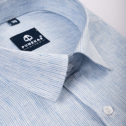 Sky Blue Color Hand Woven Cotton Stripe Shirt For Men