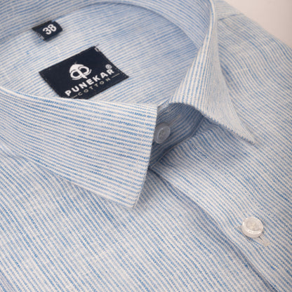 Light Blue Color Hand Woven Cotton Stripe Shirt For Men