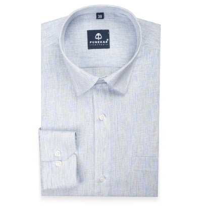 Sky Blue Color Hand Woven Cotton Stripe Shirt For Men
