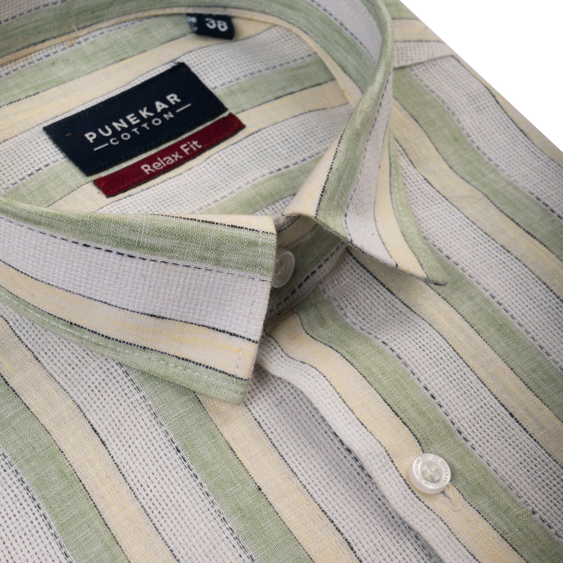White Green Color Bold Stripe Cotton Shirt For Men
