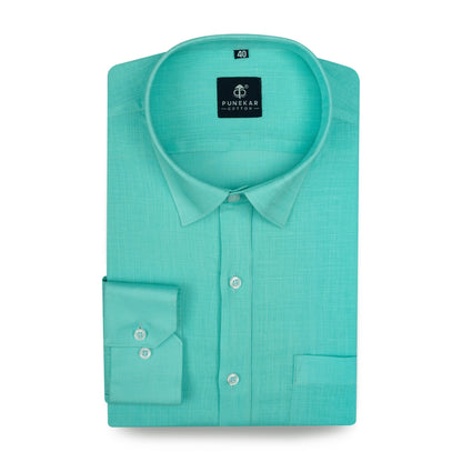 Turquoise Color 80s Lino Lyocell Shirt For Men - Punekar Cotton