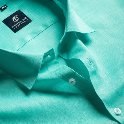 Turquoise Color 80s Lino Lyocell Shirt For Men - Punekar Cotton