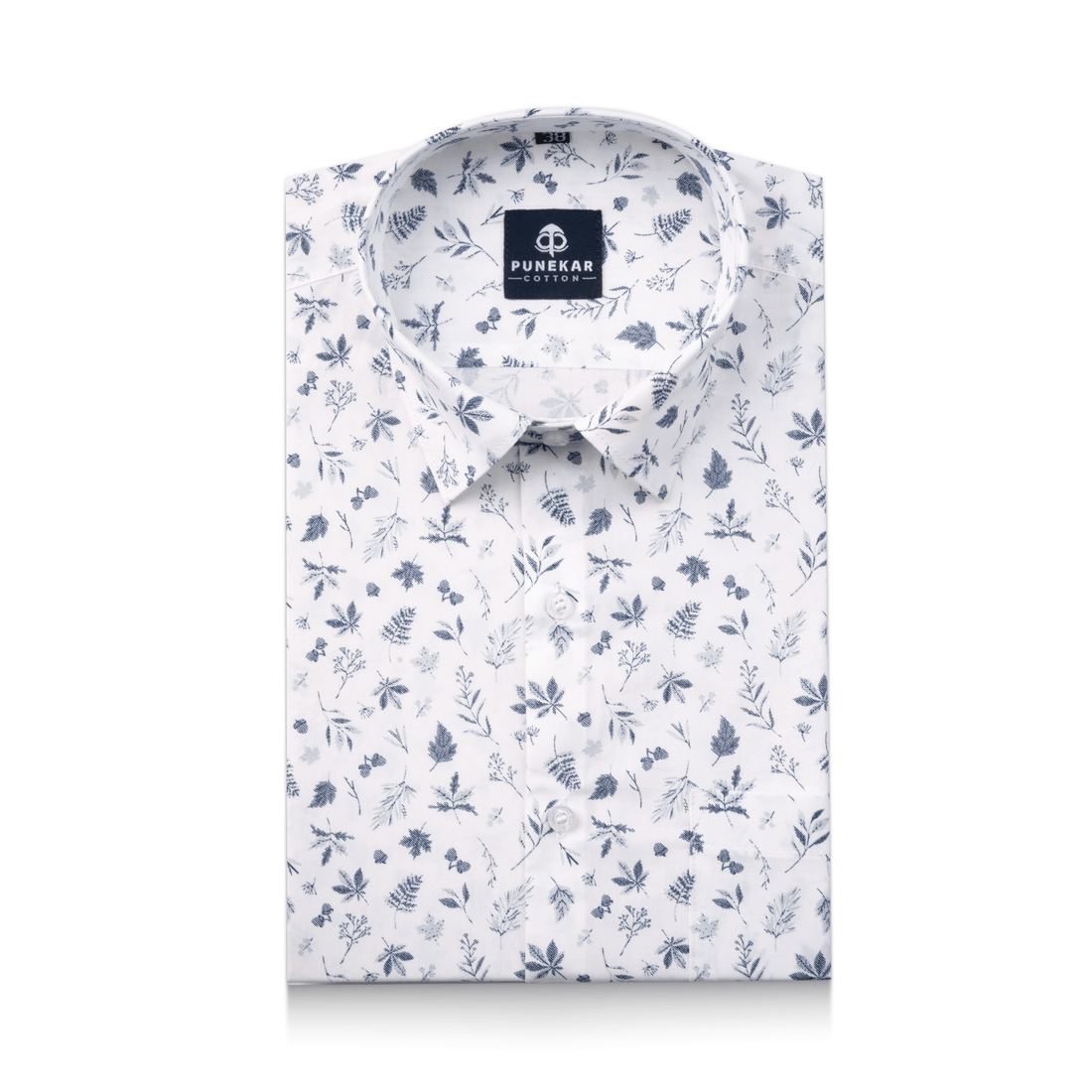 White Blue Color Floral Leaf printed Shirt For Men - Punekar Cotton