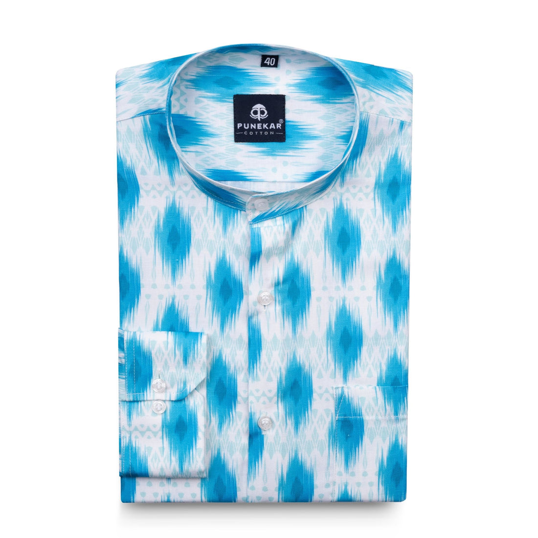 White Blue Color Stand Collar Printed Shirt For Men - Punekar Cotton