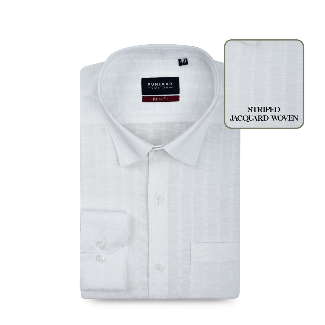 White Colour Vertical Stripe Textured Jacquard Shirt for Men - Punekar Cotton