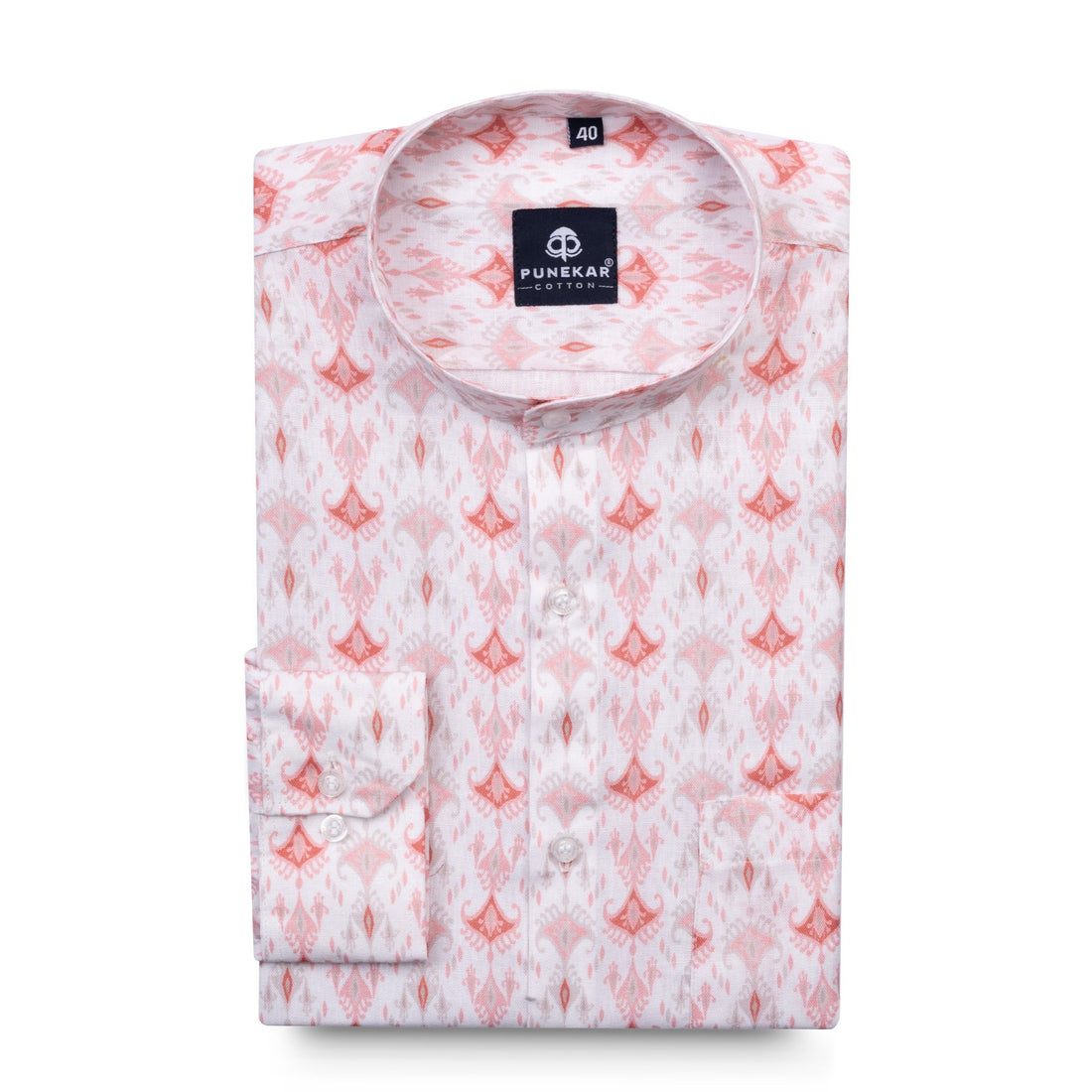 White Red Color Stand Collar Printed Shirt For Men - Punekar Cotton