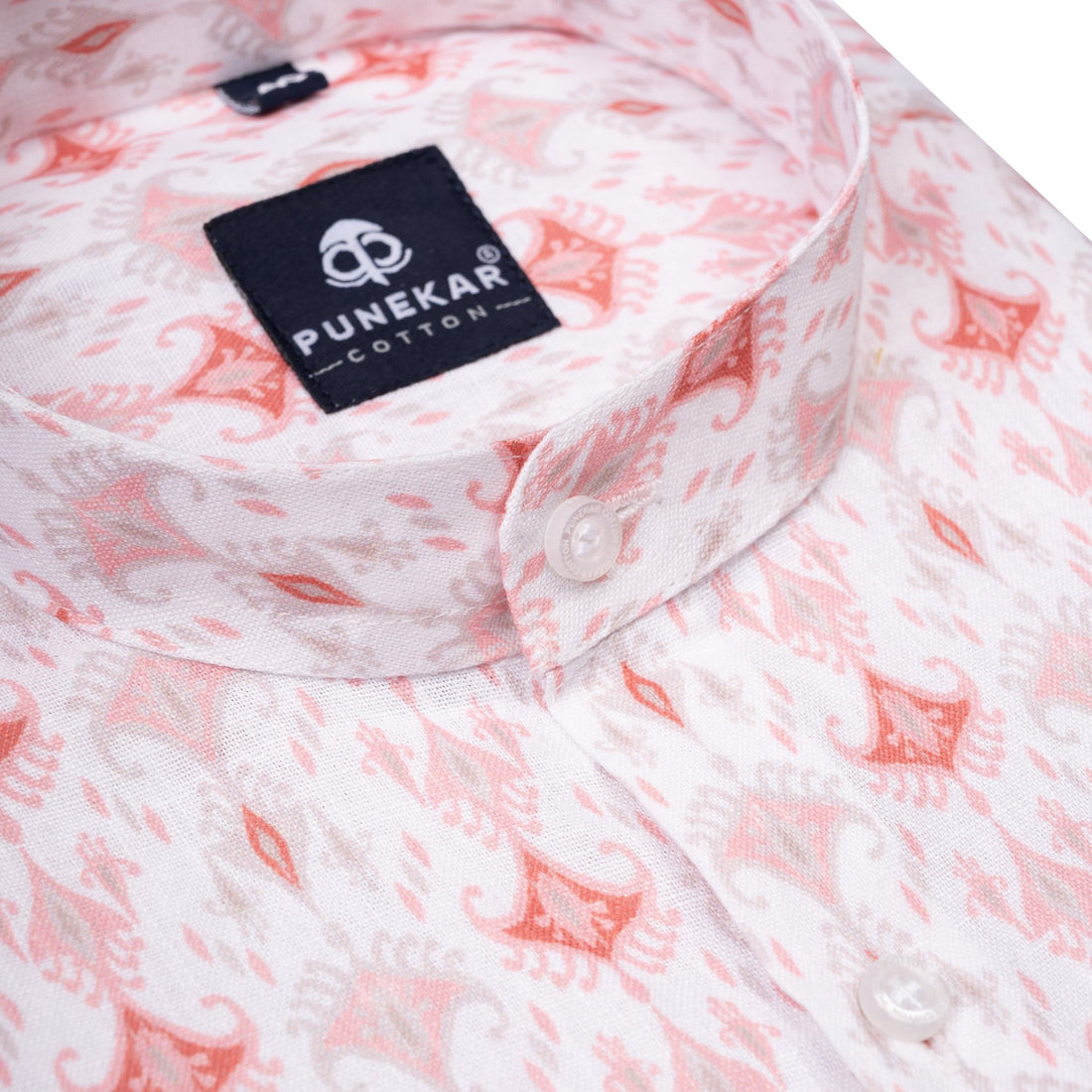 White Red Color Stand Collar Printed Shirt For Men - Punekar Cotton