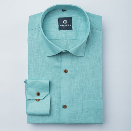 Aqua Green Color Linen Formal Shirts For Men - Punekar Cotton