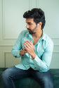 Aqua Green Color Twitter Lining Blende Cotton Shirts For Men - Punekar Cotton