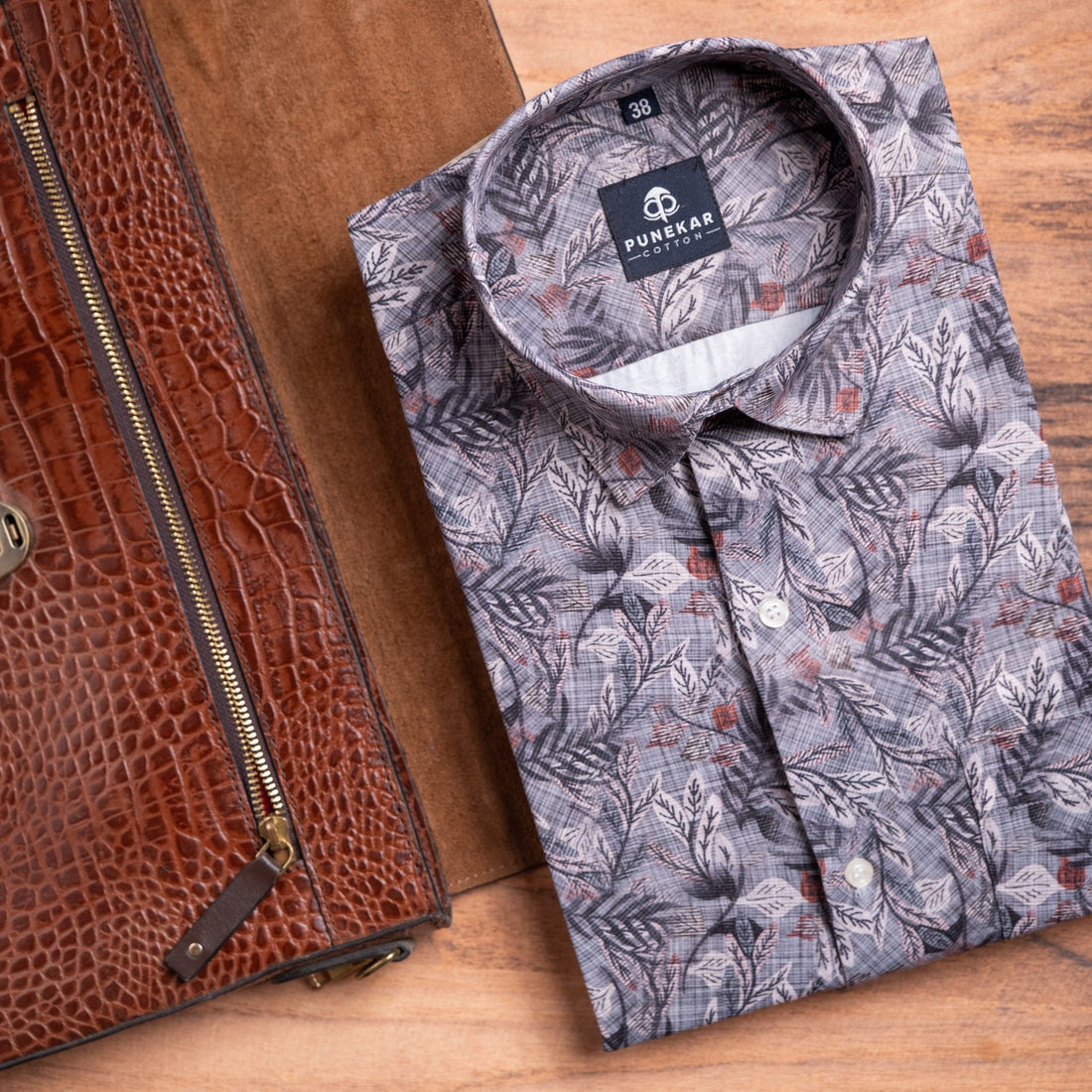 Ash Grey Color Morrocan Leaf Printed Shirt For Men - Punekar Cotton