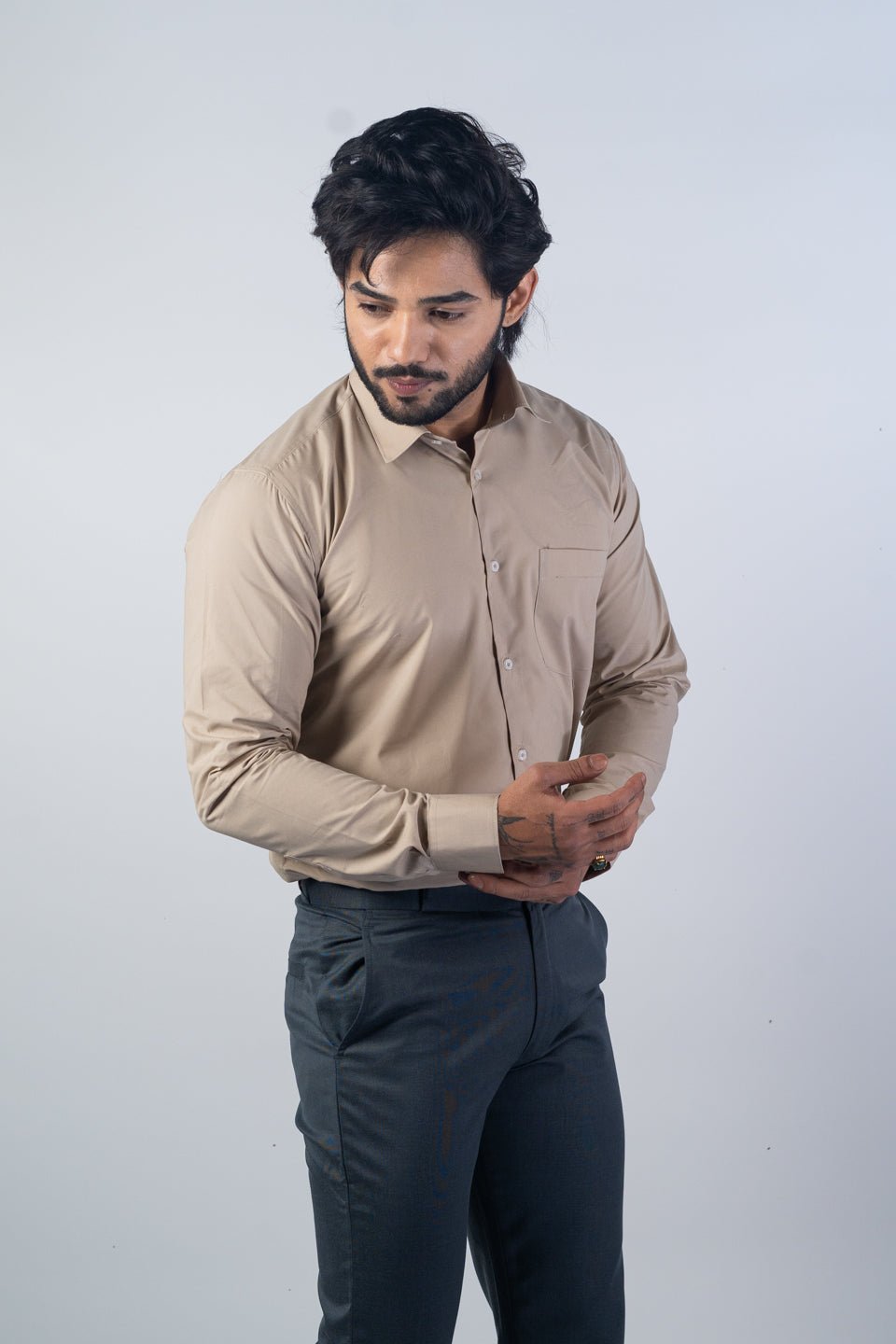 Beige Color Lycra Twill Cotton Shirt For Men - Punekar Cotton