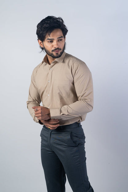 Beige Color Lycra Twill Cotton Shirt For Men - Punekar Cotton