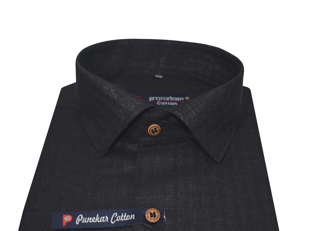 Black Color Cotton Self Woven Checks Handmade Shirts For Men&