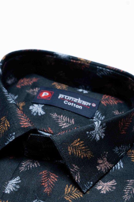 Black Color Leaf Moroccan print Shirt For Men - Punekar Cotton