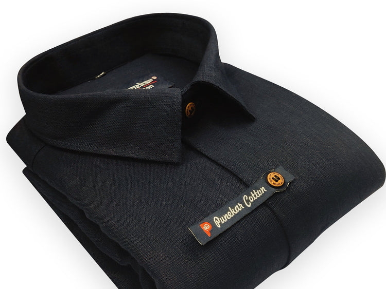 Black Color Linenza Linen Formal Shirts For Men - Punekar Cotton