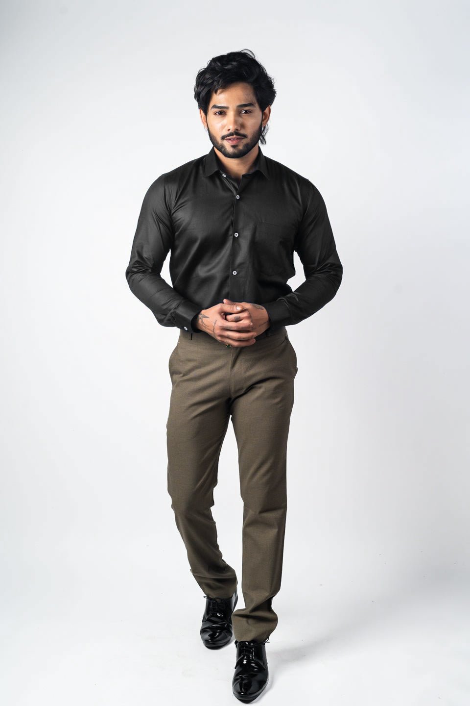 Black Color Micro Checks Texture Satin Cotton Shirt For Men - Punekar Cotton