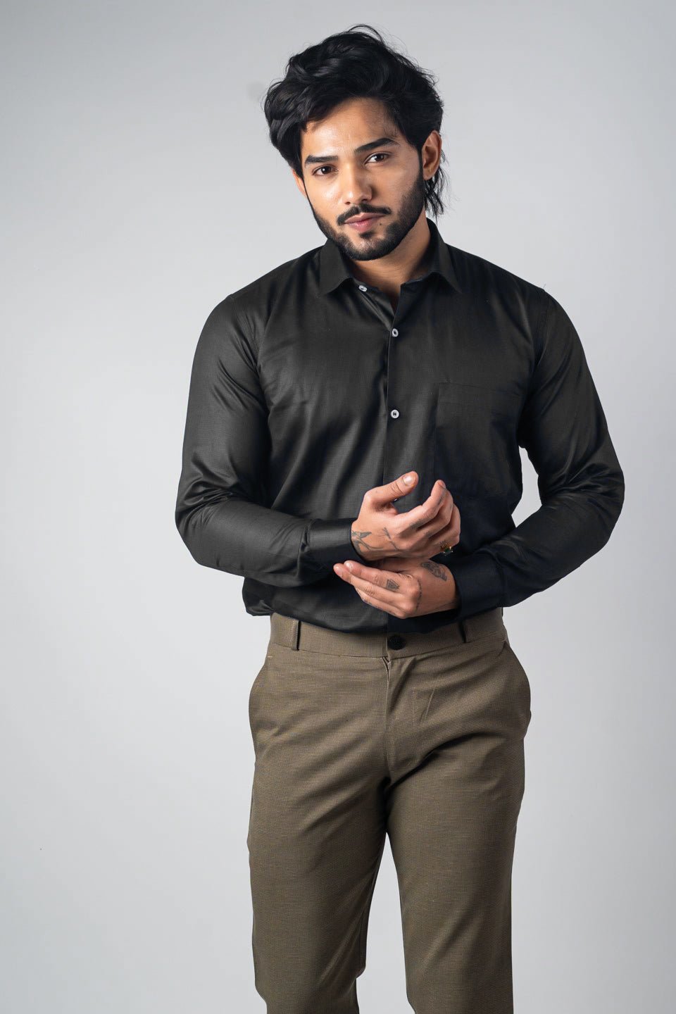 Black Color Micro Checks Texture Satin Cotton Shirt For Men - Punekar Cotton