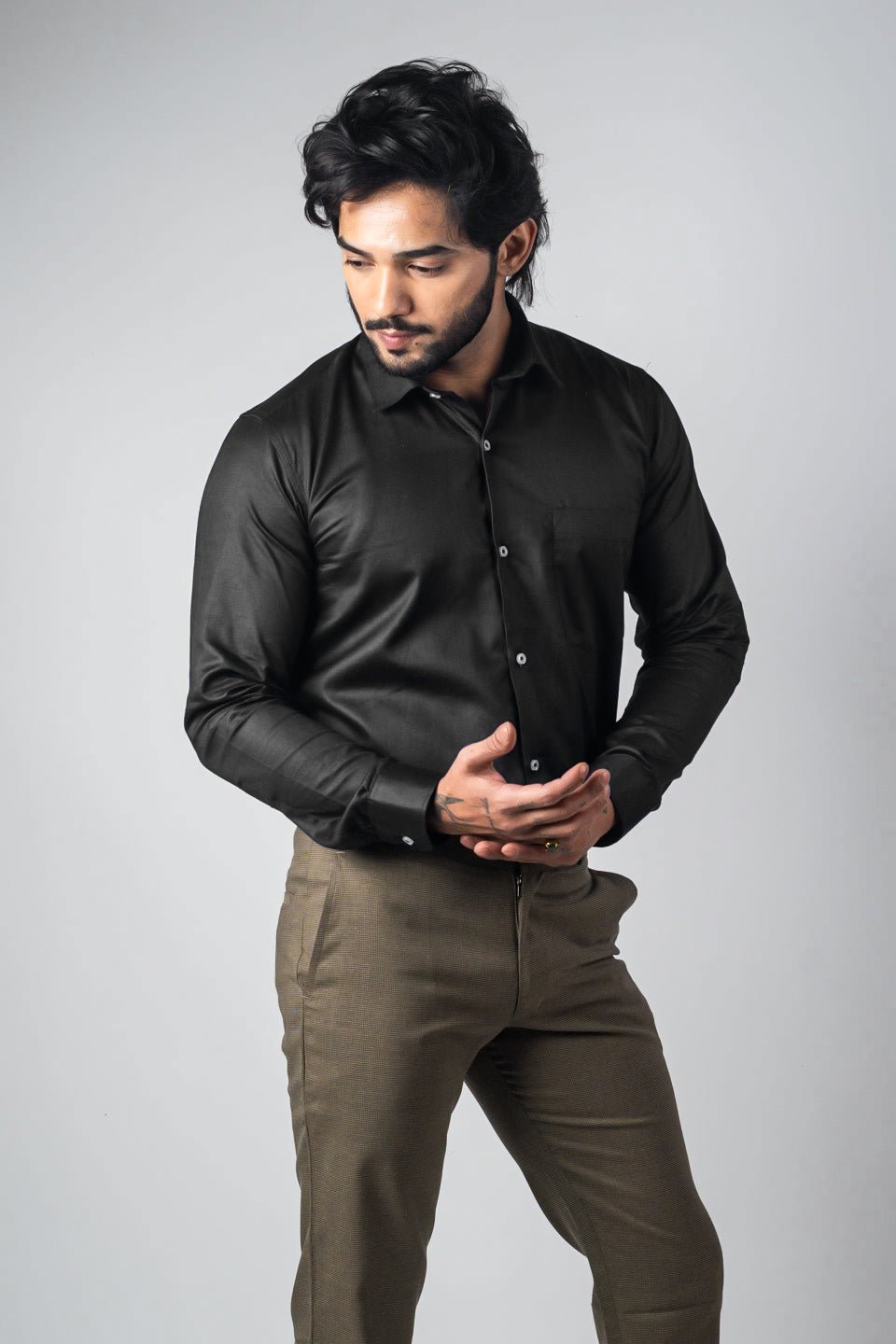 Black Color Micro Checks Texture Satin Cotton Shirt For Men - Punekar Cotton