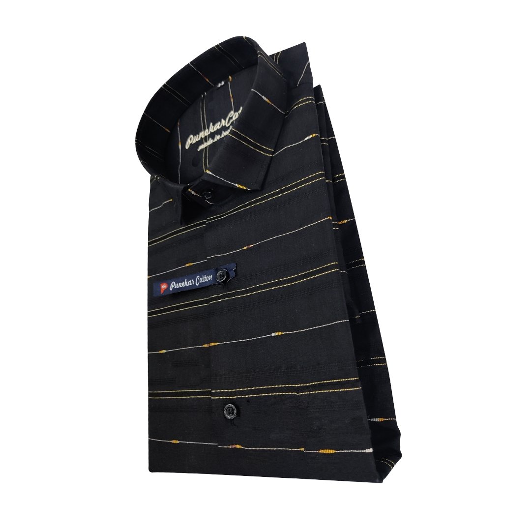 Black Color Pure Cotton Panelled Butta Stripes Shirts For Men&