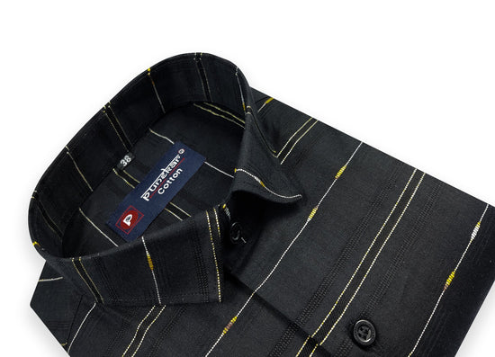 Black Color Pure Cotton Panelled Butta Stripes Shirts For Men's - Punekar Cotton