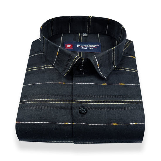 Black Color Pure Cotton Panelled Butta Stripes Shirts For Men's - Punekar Cotton