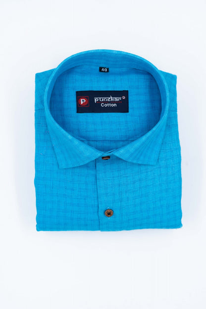 Blue Color Cotton Self Woven Checks Handmade Shirts For Men&