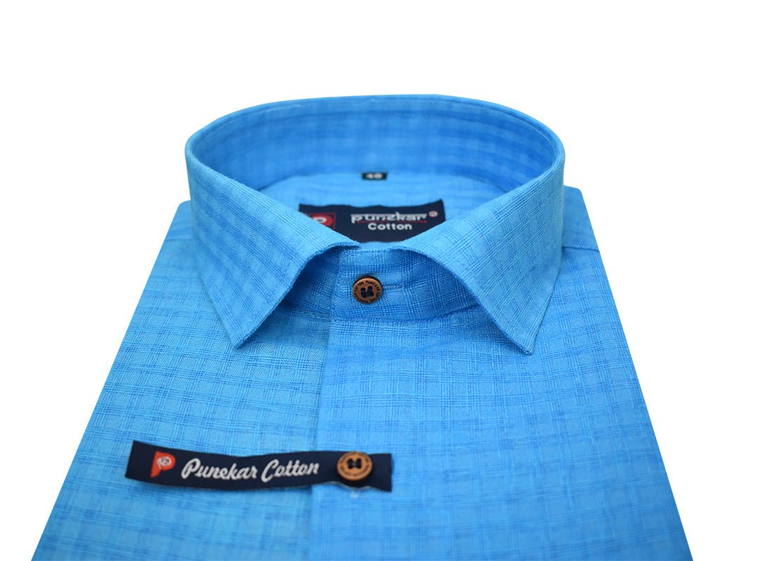 Blue Color Cotton Self Woven Checks Handmade Shirts For Men&