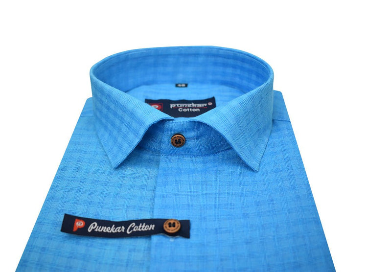 Blue Color Cotton Self Woven Checks Handmade Shirts For Men's - Punekar Cotton