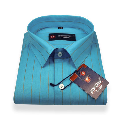 Blue Color Lining Pure Cotton Shirt For Men - Punekar Cotton