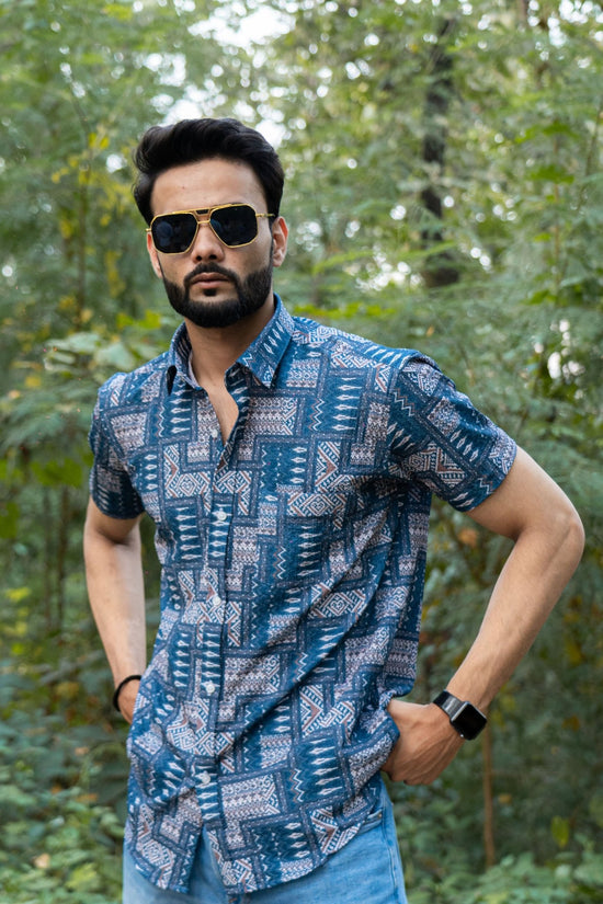 Blue Color Popcorn Moroccan Printed Shirt For Men - Punekar Cotton