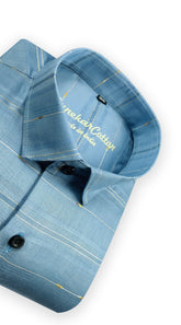 Blue Color Pure Cotton Panelled Butta Stripes Shirts For Men's - Punekar Cotton