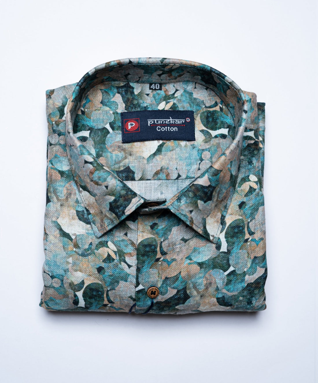 Blue Green Color Leaf Moroccan print Shirt For Men - Punekar Cotton