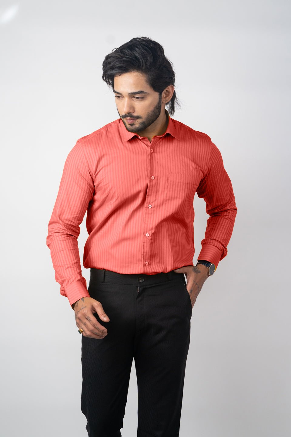 Brick Pink Color vertical Cotton stripe Shirt For Men - Punekar Cotton