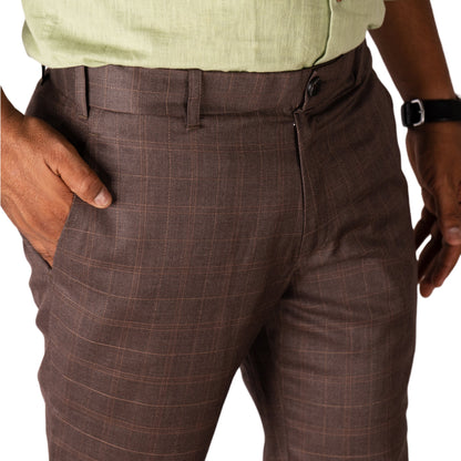 Brown color check blend cotton trousers pant for men - Punekar Cotton