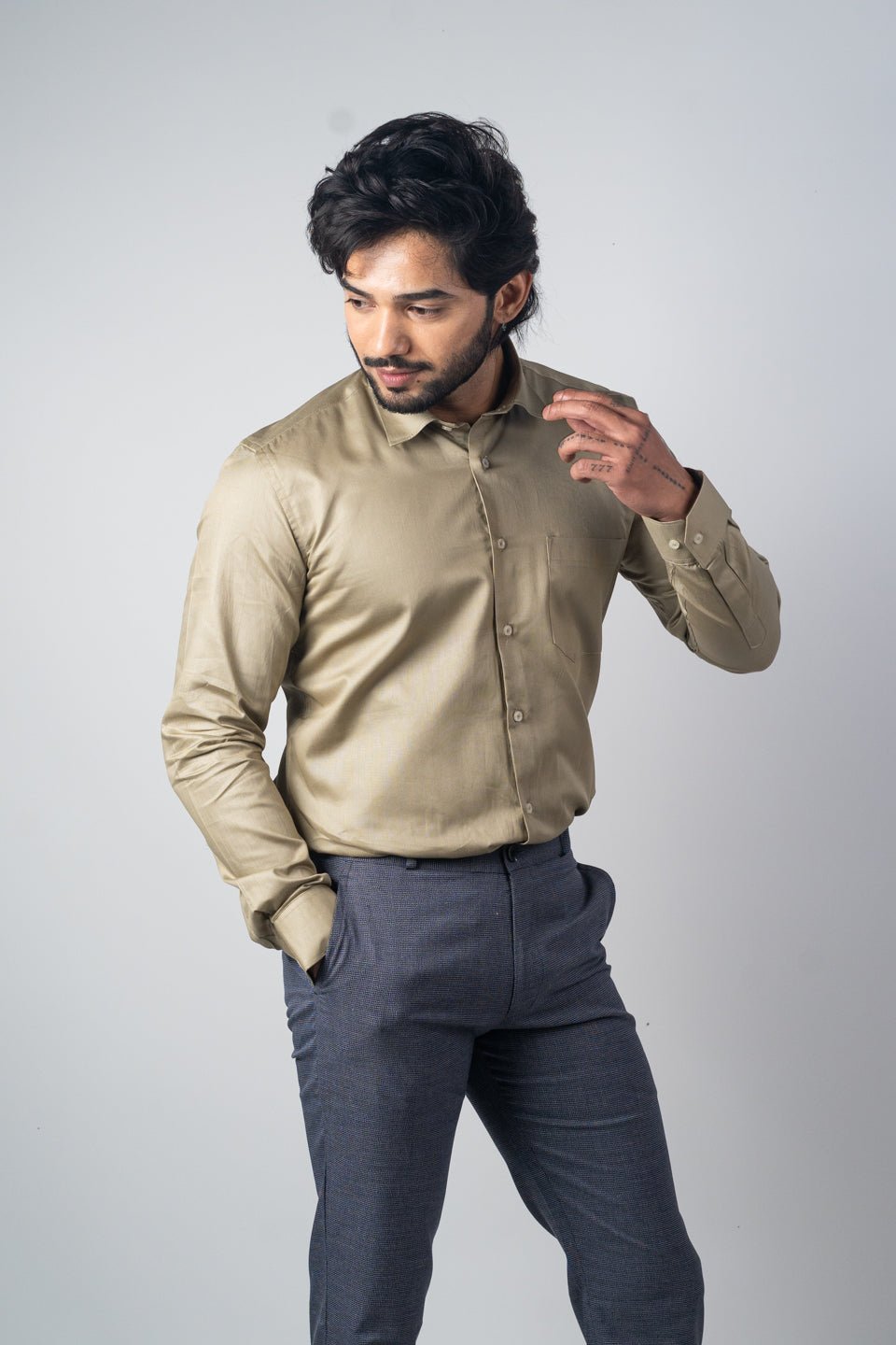 Camel Color Micro Checks Texture Satin Cotton Shirt For Men - Punekar Cotton