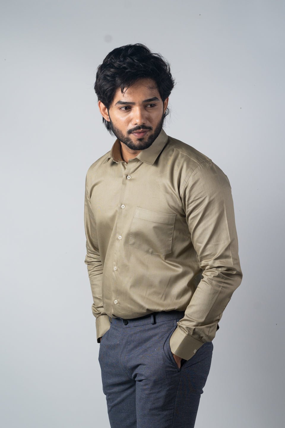 Camel Color Micro Checks Texture Satin Cotton Shirt For Men - Punekar Cotton