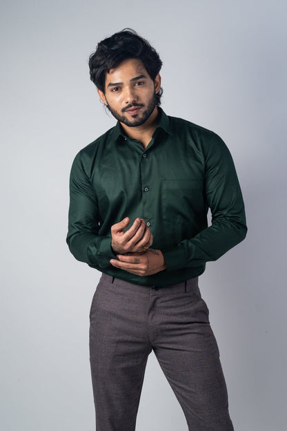 Forest Green Color Micro Checks Texture Satin Cotton Shirt For Men - Punekar Cotton