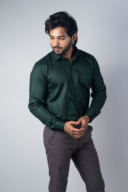 Forest Green Color Micro Checks Texture Satin Cotton Shirt For Men - Punekar Cotton