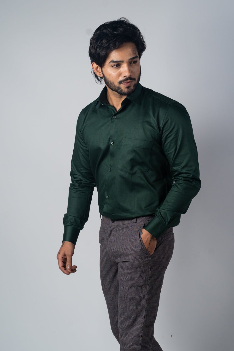 Forest Green Color Micro Checks Texture Satin Cotton Shirt For Men - Punekar Cotton