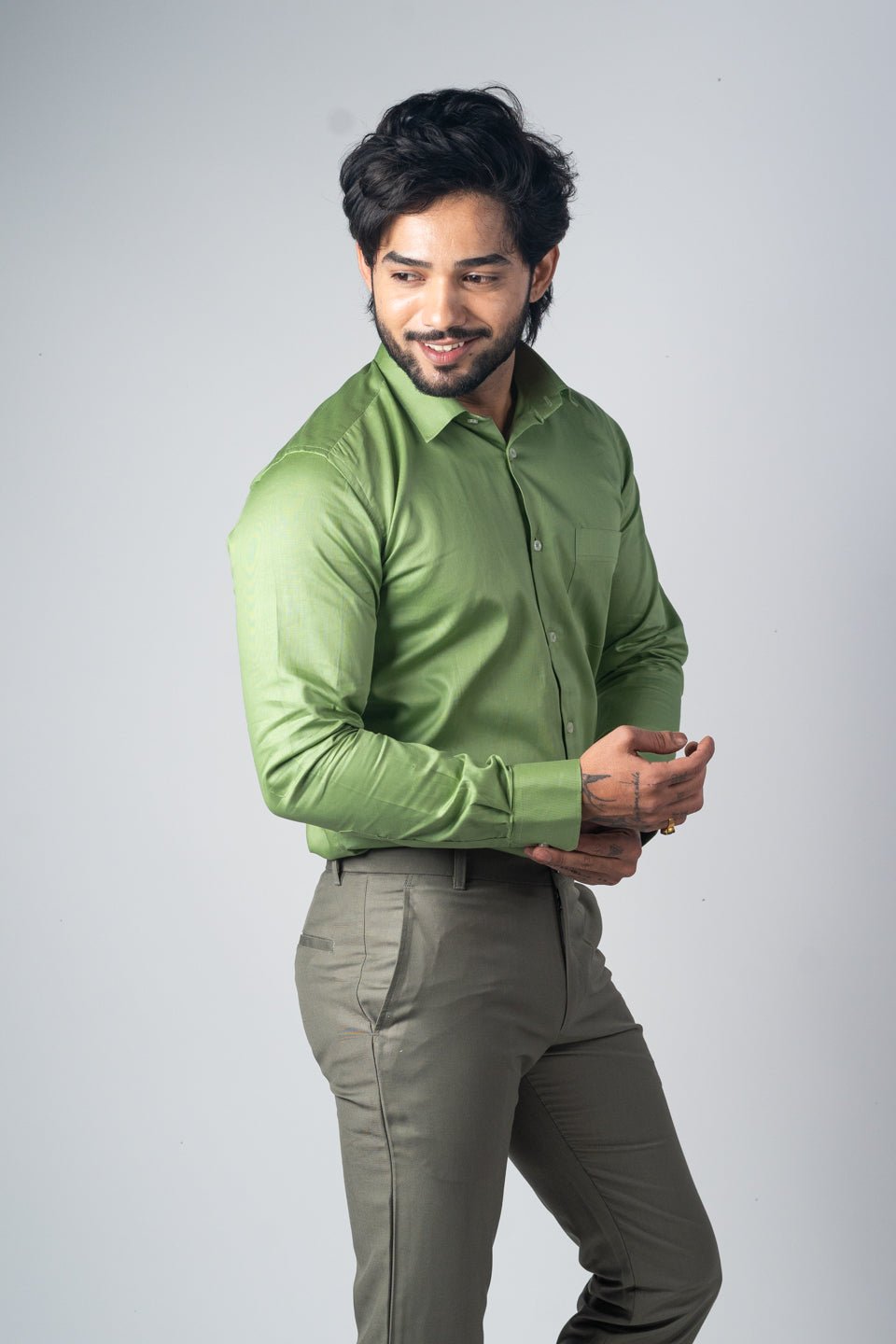 Green Color Micro Checks Texture Satin Cotton Shirt For Men - Punekar Cotton