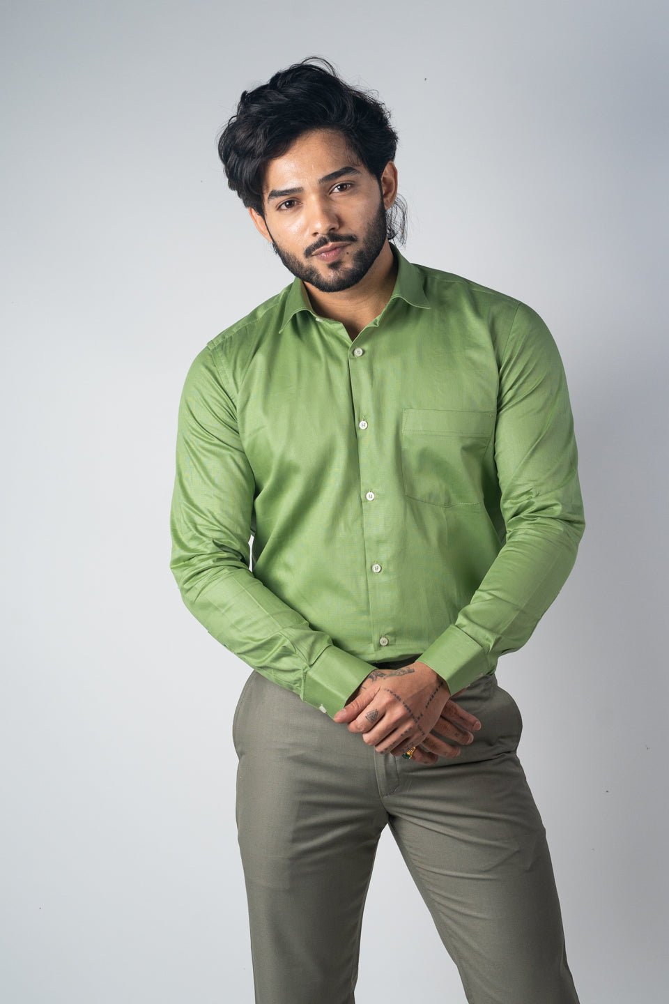 Green Color Micro Checks Texture Satin Cotton Shirt For Men - Punekar Cotton