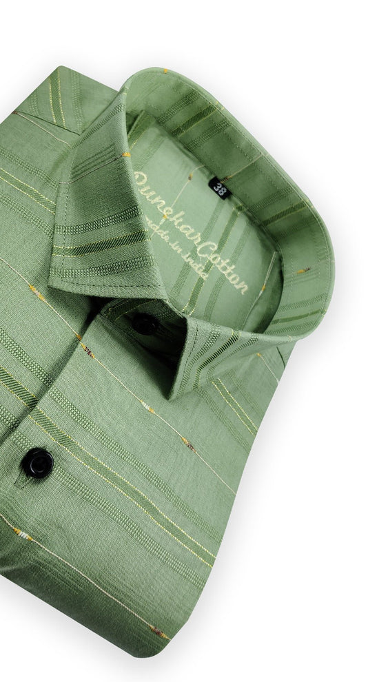 Green Color Pure Cotton Panelled Butta Stripes Shirts For Men's - Punekar Cotton