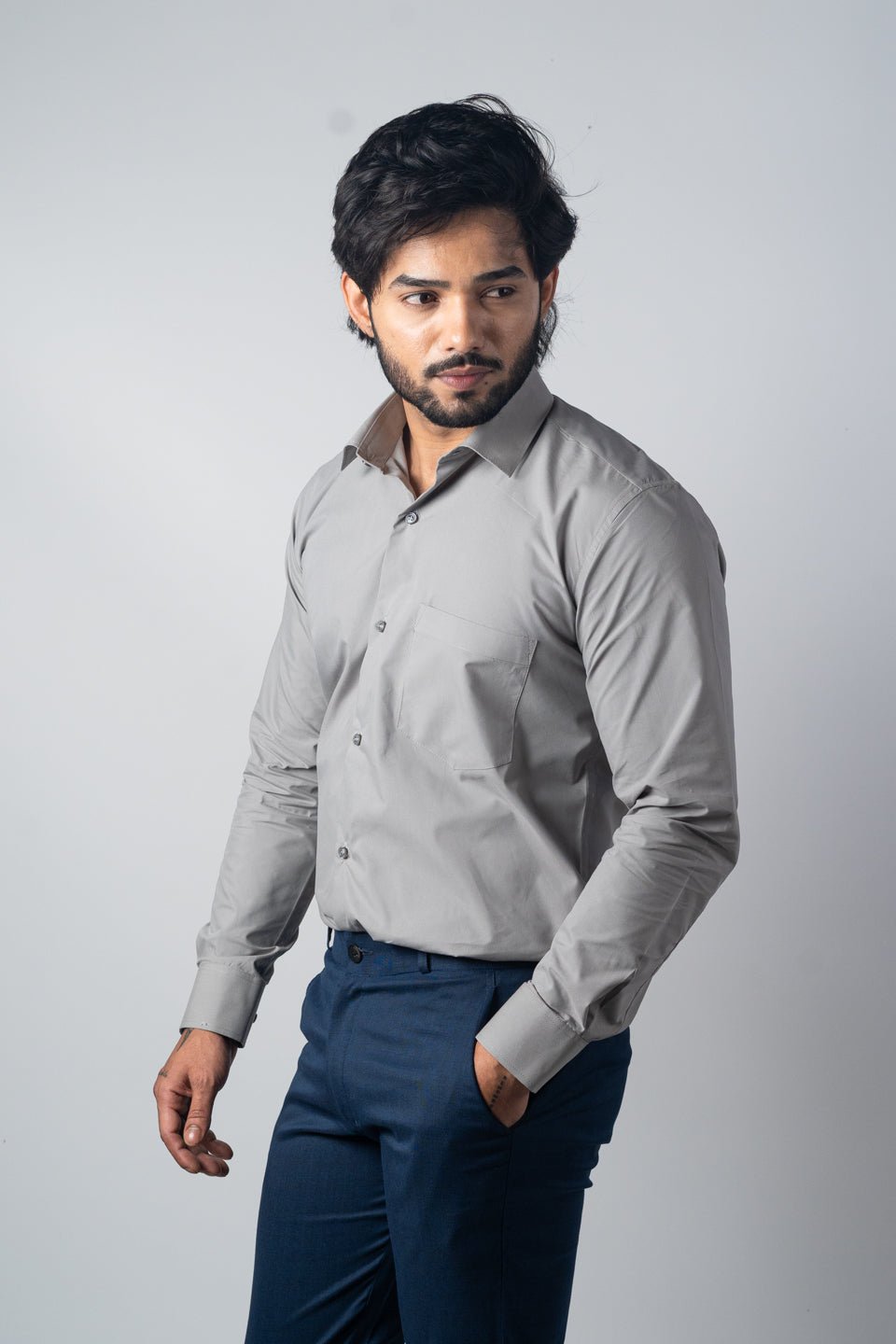 Grey Color Lycra Twill Cotton Shirt For Men - Punekar Cotton