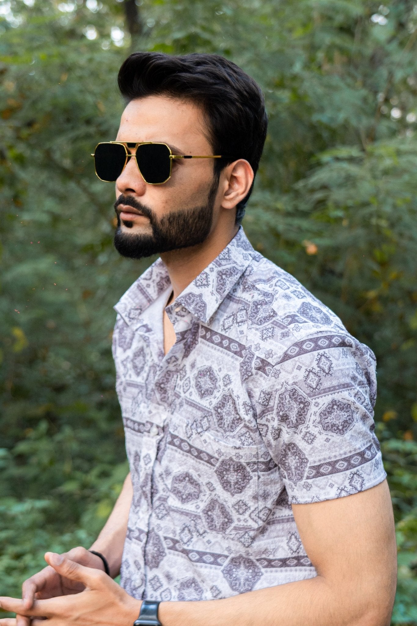 Grey Color Popcorn Moroccan Printed Shirt For Men - Punekar Cotton