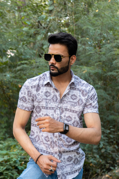 Grey Color Popcorn Moroccan Printed Shirt For Men - Punekar Cotton